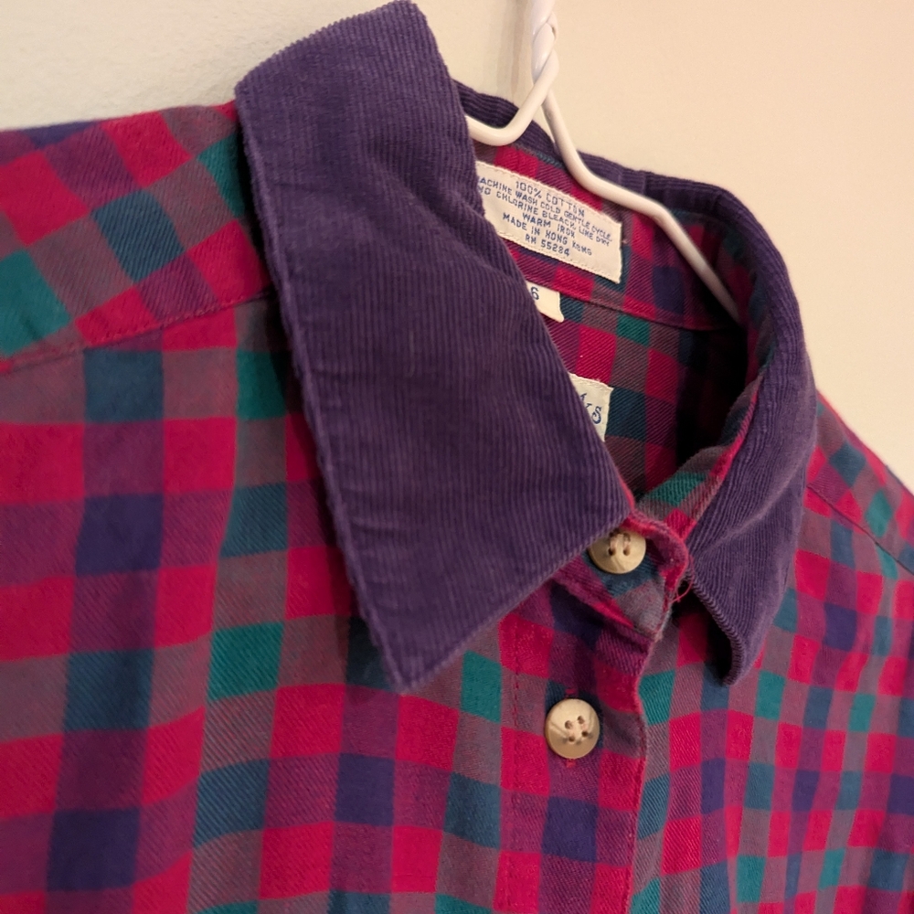 Vintage 90s Plaid Corduroy Collar Button Up Top Women's Medium Pink Purple 182 - Picture 4 of 9